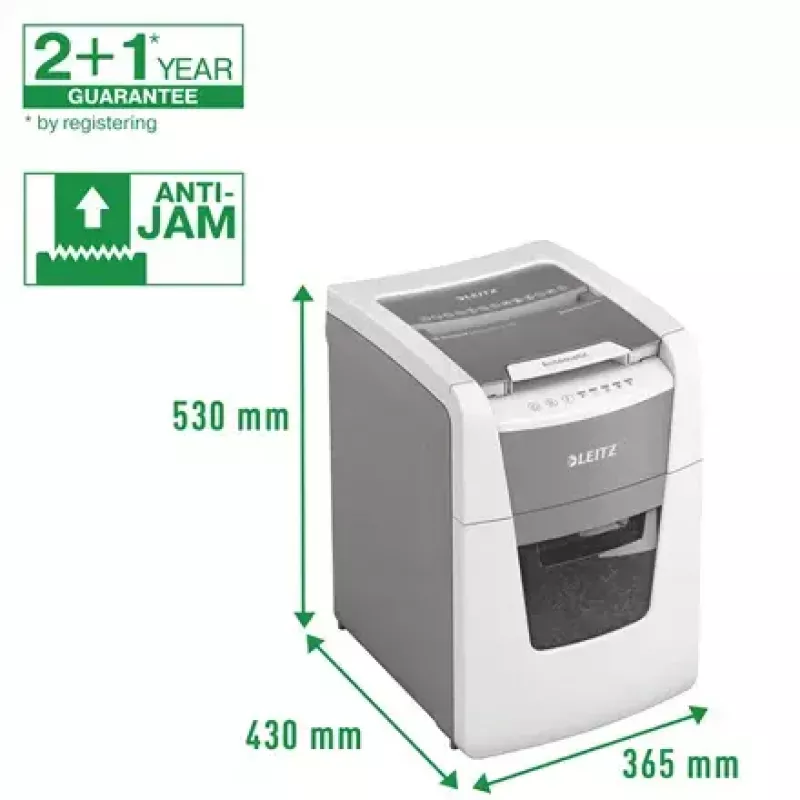 Destruidora de documentos LEITZ IQ Autofeed Small Office 100, corte cruzado P-4, 8 folhas, entrada 22 cm, depósito 34 L, cinzento