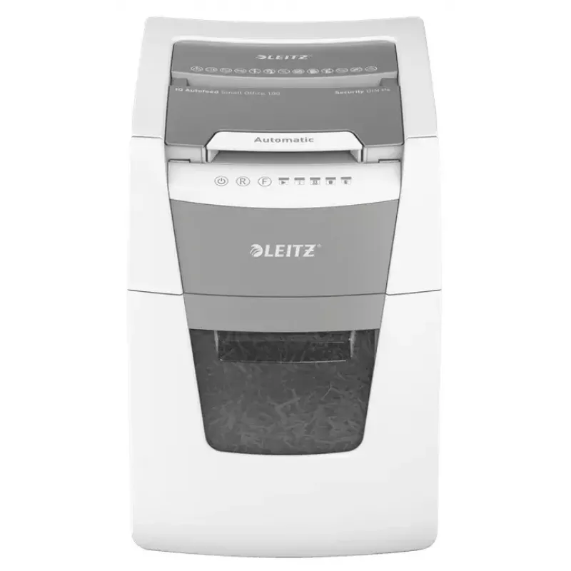 Destruidora de documentos LEITZ IQ Autofeed Small Office 100, corte cruzado P-4, 8 folhas, entrada 22 cm, depósito 34 L, cinzento