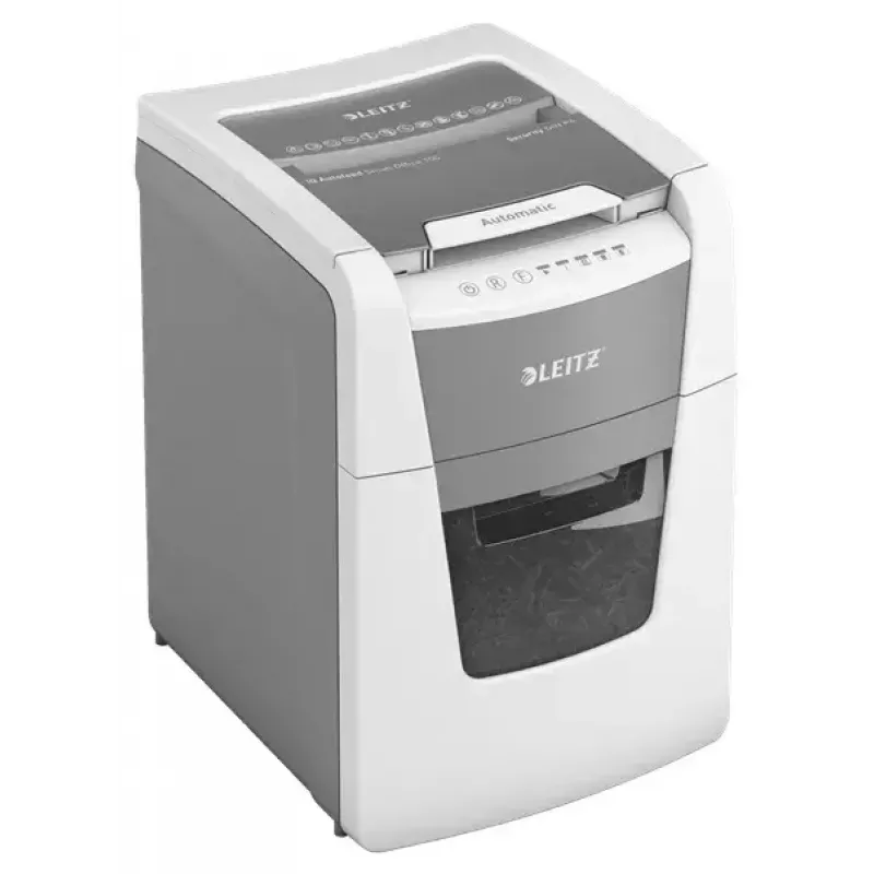 Destruidora de documentos LEITZ IQ Autofeed Small Office 100, corte cruzado P-4, 8 folhas, entrada 22 cm, depósito 34 L, cinzento
