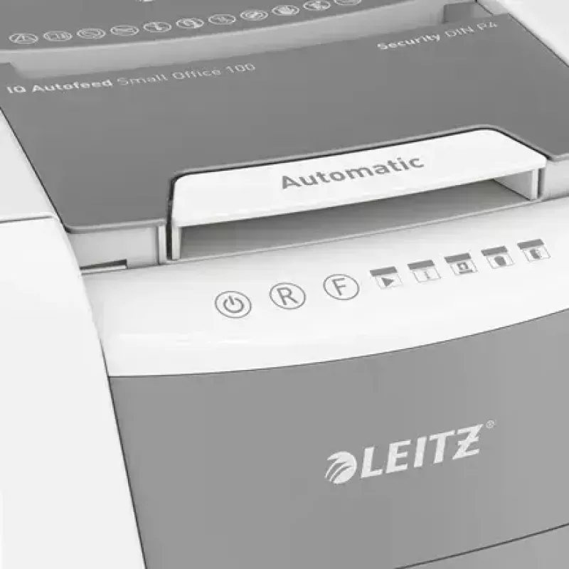 Destruidora de documentos LEITZ IQ Autofeed Small Office 100, corte cruzado P-4, 8 folhas, entrada 22 cm, depósito 34 L, cinzento