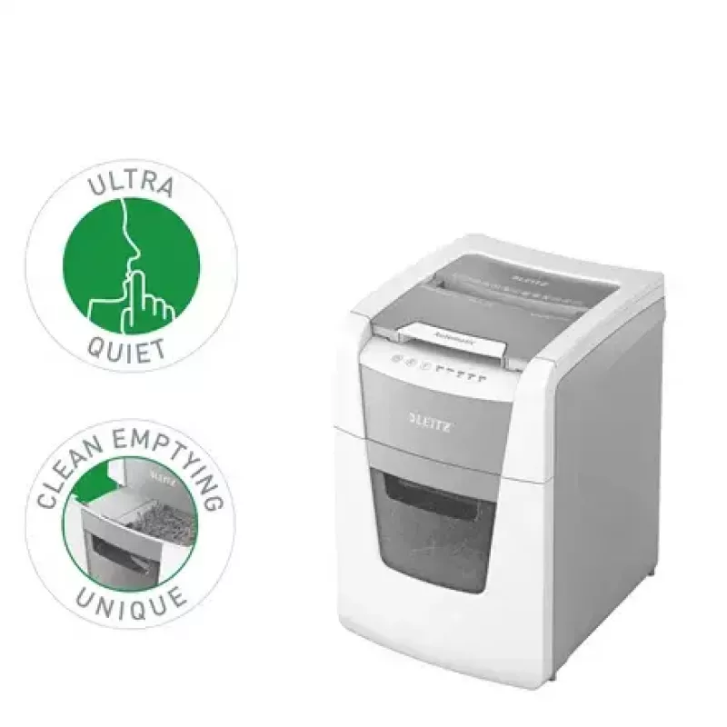 Destruidora de documentos LEITZ IQ Autofeed Small Office 100, corte cruzado P-4, 8 folhas, entrada 22 cm, depósito 34 L, cinzento
