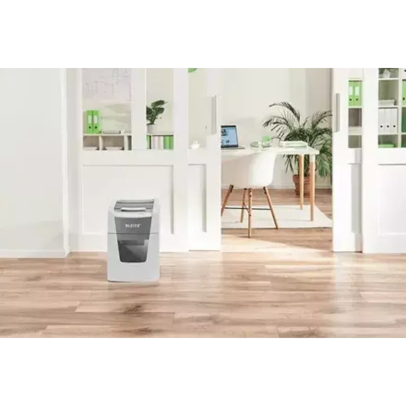 Destruidora de documentos LEITZ IQ Autofeed Small Office 100, corte cruzado P-4, 8 folhas, entrada 22 cm, depósito 34 L, cinzento
