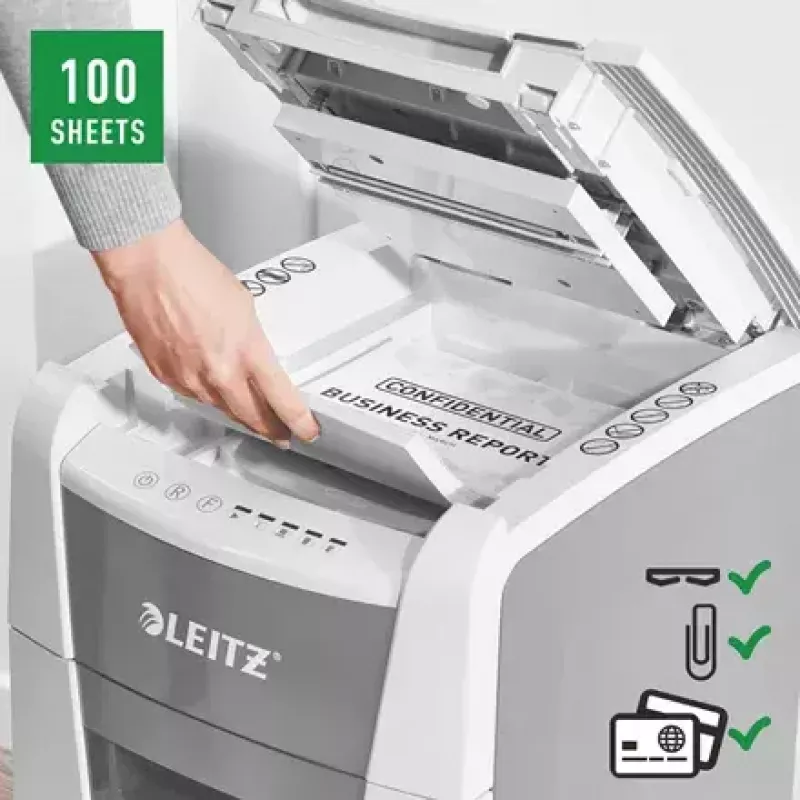 Destruidora de documentos LEITZ IQ Autofeed Small Office 100, corte cruzado P-4, 8 folhas, entrada 22 cm, depósito 34 L, cinzento