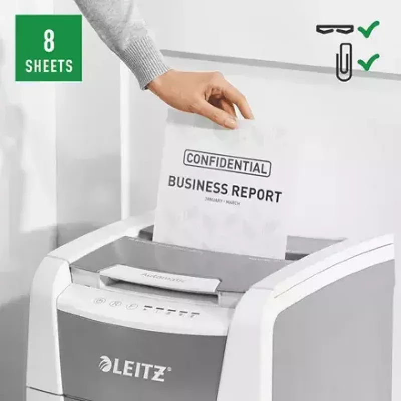 Destruidora de documentos LEITZ IQ Autofeed Small Office 100, corte cruzado P-4, 8 folhas, entrada 22 cm, depósito 34 L, cinzento
