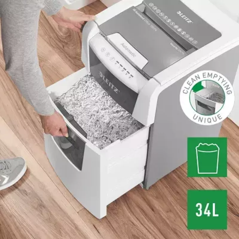 Destruidora de documentos LEITZ IQ Autofeed Small Office 100, corte cruzado P-4, 8 folhas, entrada 22 cm, depósito 34 L, cinzento
