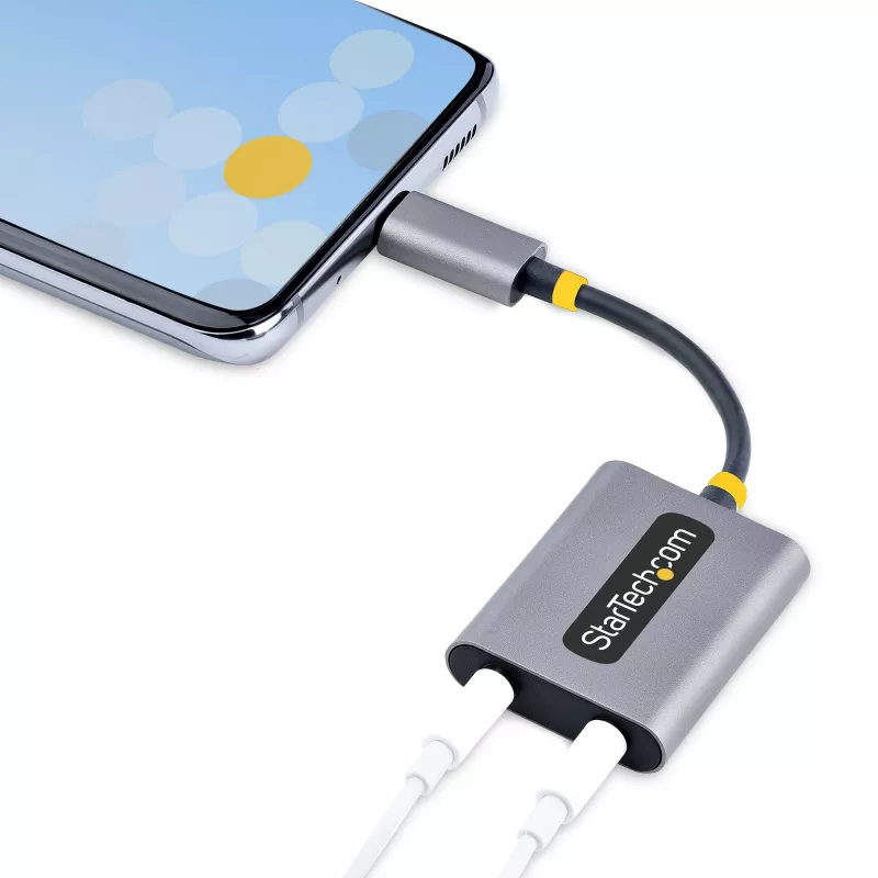 Divisor de auscultadores USB-C StarTech.com, adaptador USB Type-C para dois headsets com entrada de microfone, adaptador USB-C para áudio de 3,5 mm/dongle para auscultadores, USB-C para tomada de áudio/saída auxiliar, DAC de 24 bits