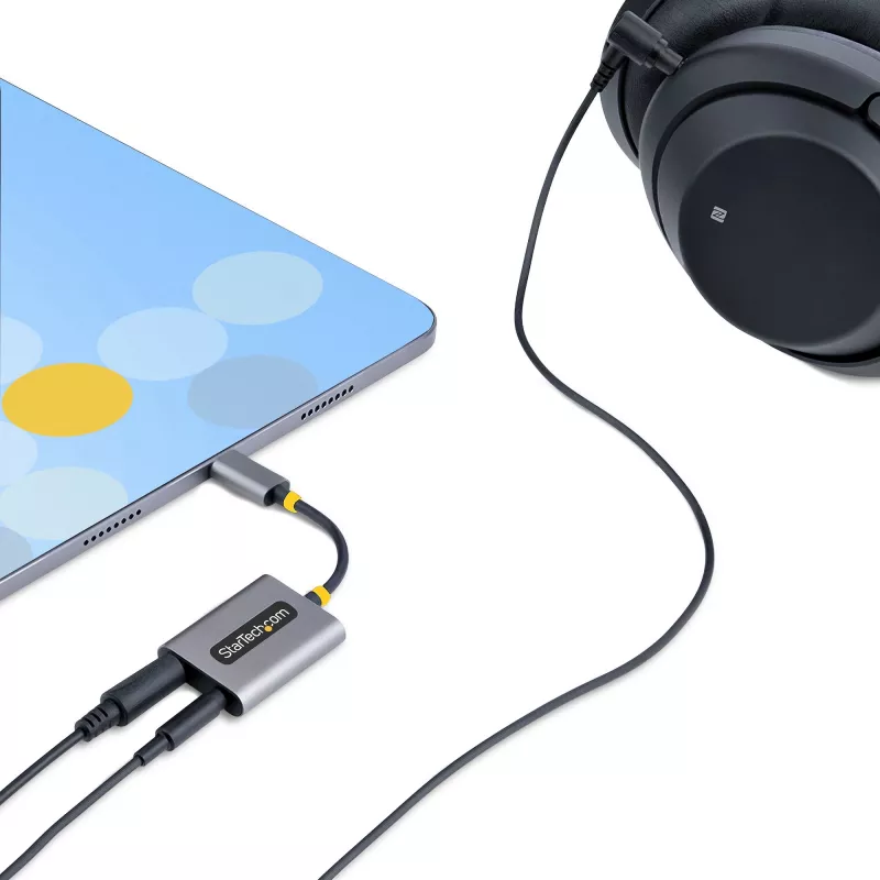 Divisor de auscultadores USB-C StarTech.com, adaptador USB Type-C para dois headsets com entrada de microfone, adaptador USB-C para áudio de 3,5 mm/dongle para auscultadores, USB-C para tomada de áudio/saída auxiliar, DAC de 24 bits