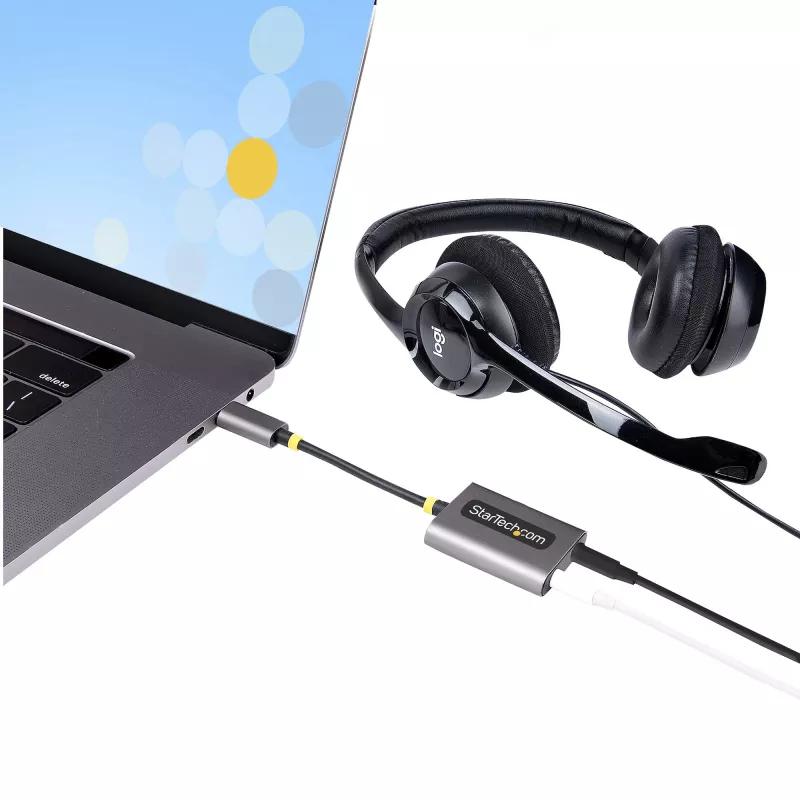Divisor de auscultadores USB-C StarTech.com, adaptador USB Type-C para dois headsets com entrada de microfone, adaptador USB-C para áudio de 3,5 mm/dongle para auscultadores, USB-C para tomada de áudio/saída auxiliar, DAC de 24 bits