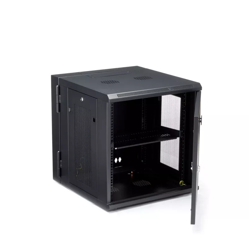 Armário de rede StarTech.com 4-Post 12U para montagem na parede com prateleira 1U, armário de servidor de 19 polegadas rebatível para montagem na parede para equipamento de dados / AV / eletrónica / informática, caixa de rack ventilada flexível