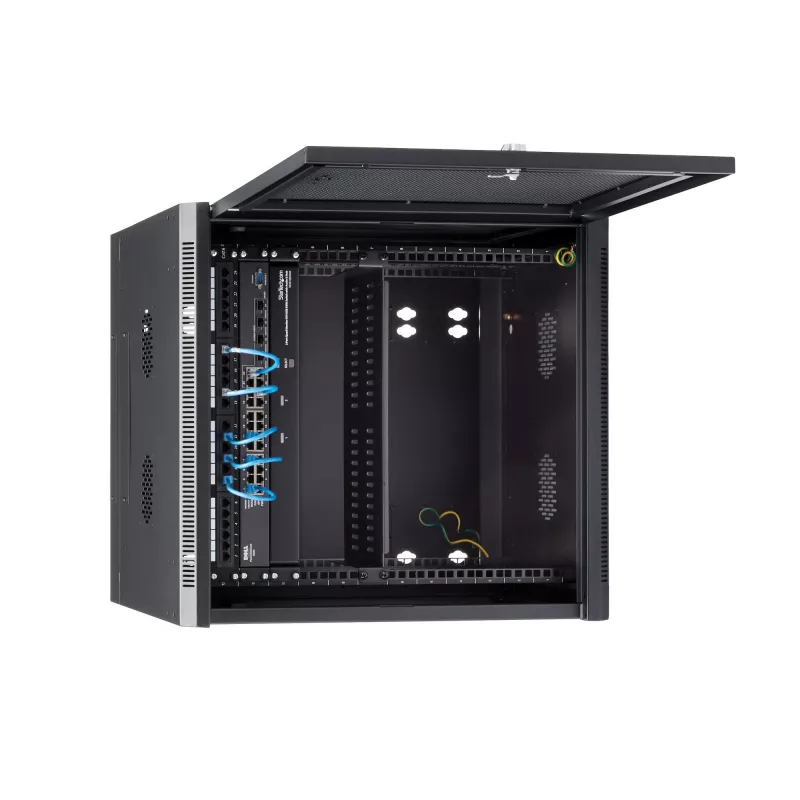 Armário de rede StarTech.com 4-Post 12U para montagem na parede com prateleira 1U, armário de servidor de 19 polegadas rebatível para montagem na parede para equipamento de dados / AV / eletrónica / informática, caixa de rack ventilada flexível