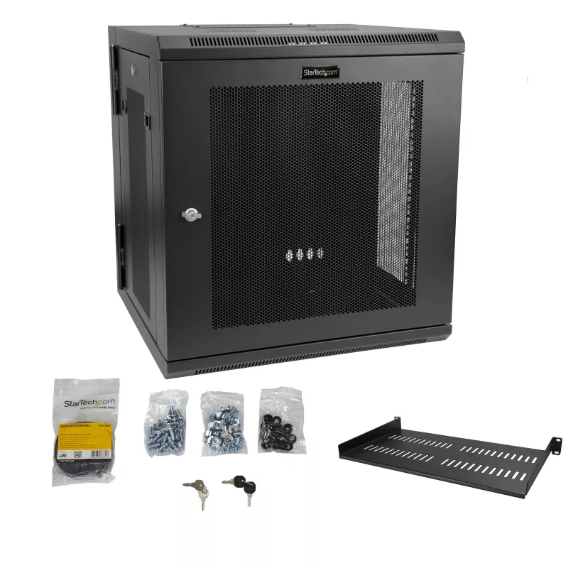 Armário de rede StarTech.com 4-Post 12U para montagem na parede com prateleira 1U, armário de servidor de 19 polegadas rebatível para montagem na parede para equipamento de dados / AV / eletrónica / informática, caixa de rack ventilada flexível
