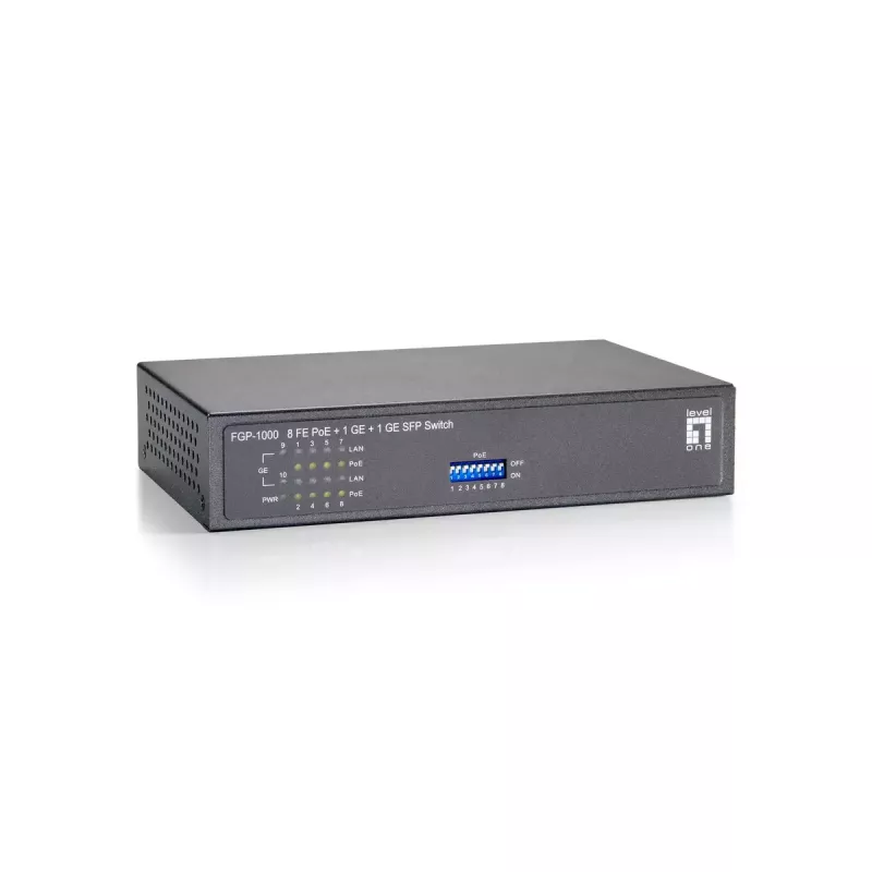 Switch PoE LevelOne de 10 portas Fast Ethernet, 1 x Gigabit RJ45, 1 x Gigabit SFP, 8 saídas PoE, 90 W