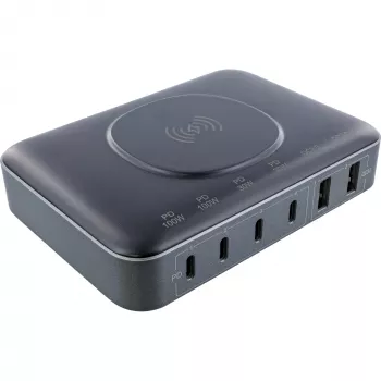 InLine Qi Powerstation Multiport carregador, 4x USB-C + 2x USB-A, GaN 100 W, carregamento sem fios 15 W, preto (31517K)