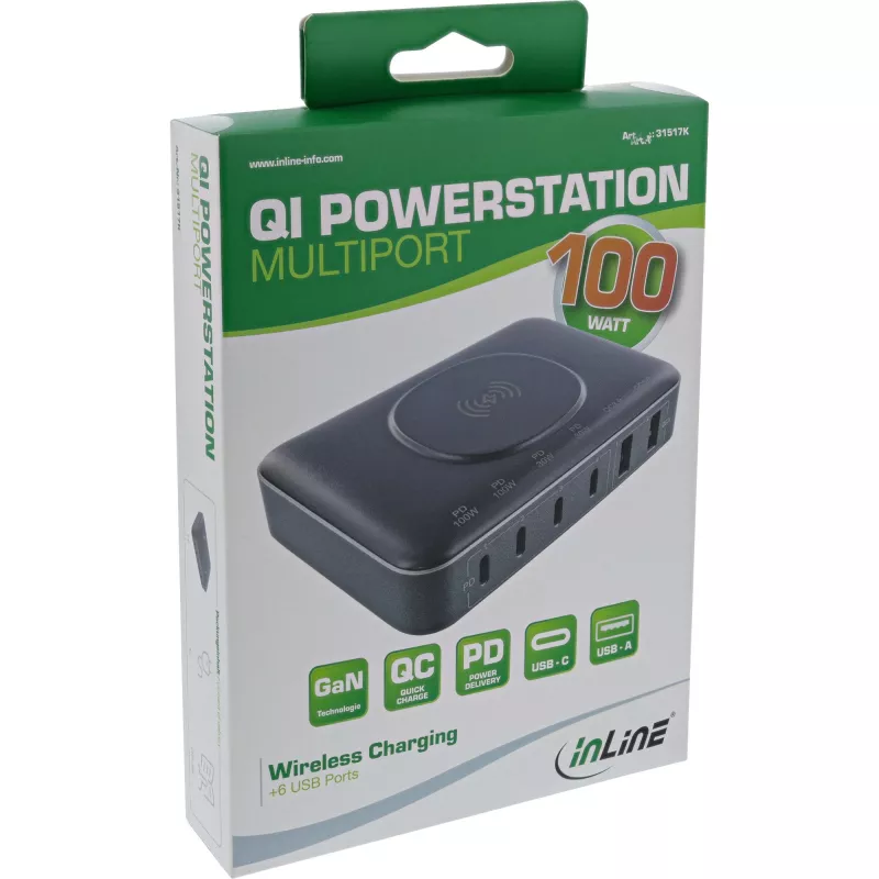 InLine Qi Powerstation Multiport carregador, 4x USB-C + 2x USB-A, GaN 100 W, carregamento sem fios 15 W, preto (31517K)