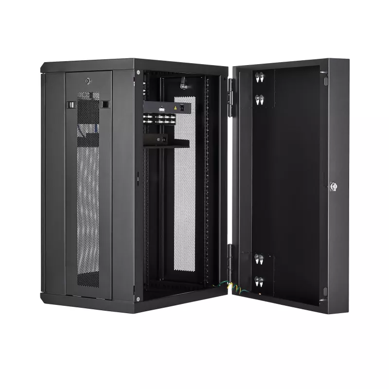 Armário de rede StarTech.com 4 postes 18U para montagem na parede com prateleira 1U, armário de servidor de 19 polegadas dobrável para montagem na parede para equipamento de dados/AV/eletrónica/informática, caixa de rack ventilada flexível