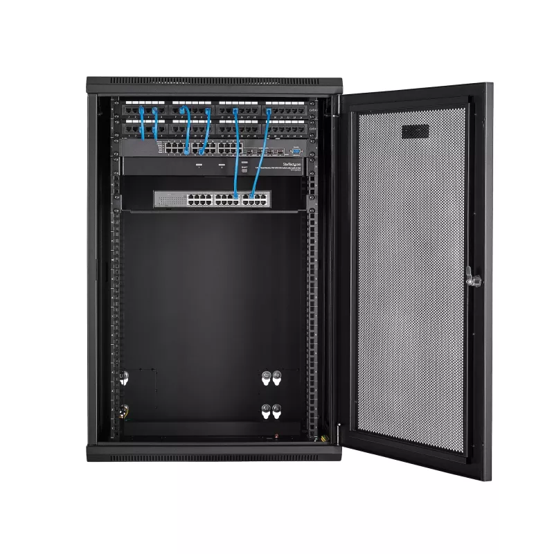 Armário de rede StarTech.com 4 postes 18U para montagem na parede com prateleira 1U, armário de servidor de 19 polegadas dobrável para montagem na parede para equipamento de dados/AV/eletrónica/informática, caixa de rack ventilada flexível