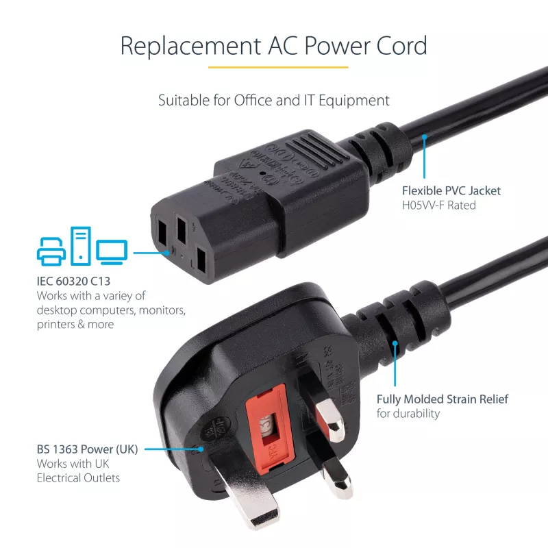 Cabo de alimentação StarTech.com 10ft (3m) UK para computador, 18AWG, BS 1363 para C13, 10A 250V, cabo de alimentação AC de substituição preto, cabo de alimentação UK / cabo de alimentação para PC, cabo de alimentação para TV/monitor
