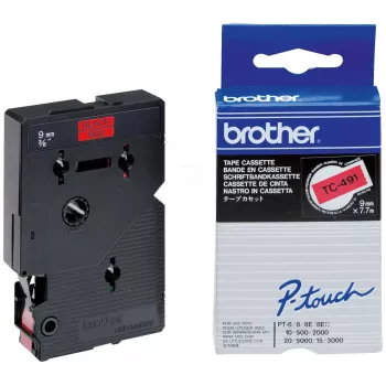 Fita de etiquetagem 9 mm Brother TC491 preto sobre vermelho