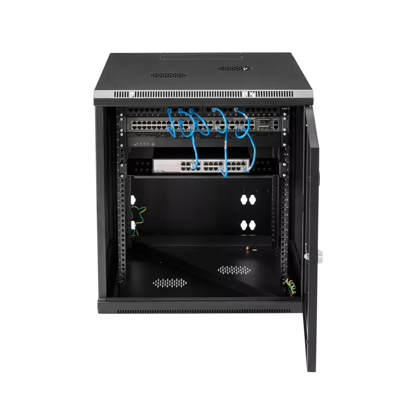 Armário de rede StarTech.com 4 postes 12U para montagem na parede com prateleira 1U, rack de servidor de 19 polegadas dobrável para montagem na parede para dados / AV / eletrónica / equipamento informático, caixa de rack ventilada flexível