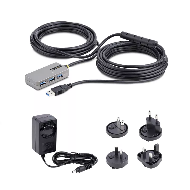 Hub extensor USB StarTech.com, cabo de extensão USB 3.0 de 10m com hub USB-A de 4 portas, cabo repetidor USB ativo/alimentado por bus, fonte de alimentação de 20W opcional incluída, proteção ESD
