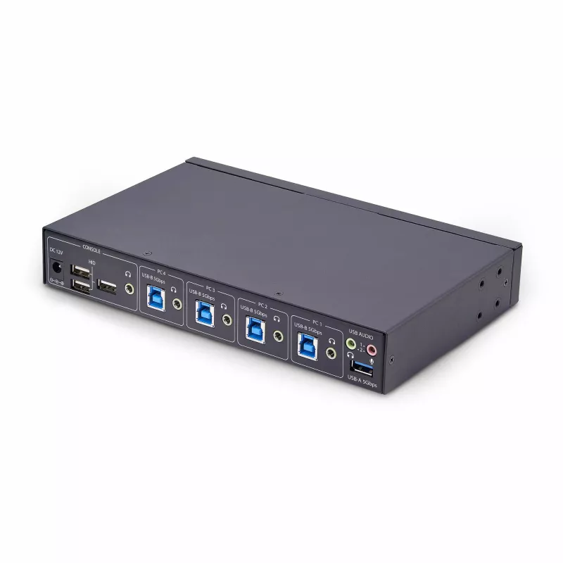 Switch KM de 4 portas StarTech.com com comutação por rato, switch USB para teclado/rato, áudio de 3,5mm/USB, partilha de periféricos para 4 computadores, compatível com TAA