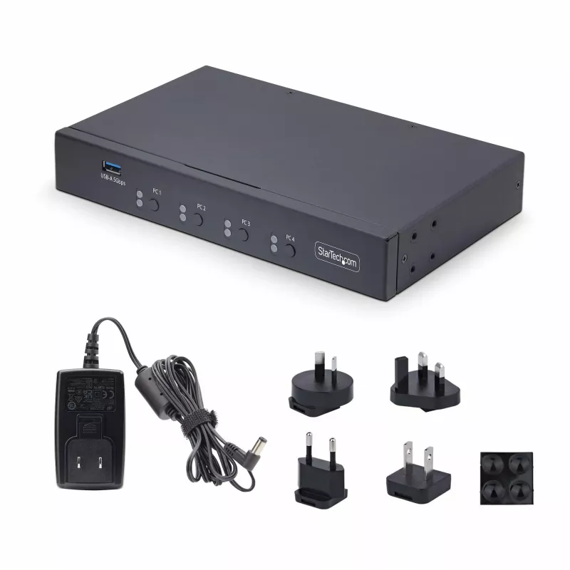 Switch KM de 4 portas StarTech.com com comutação por rato, switch USB para teclado/rato, áudio de 3,5mm/USB, partilha de periféricos para 4 computadores, compatível com TAA