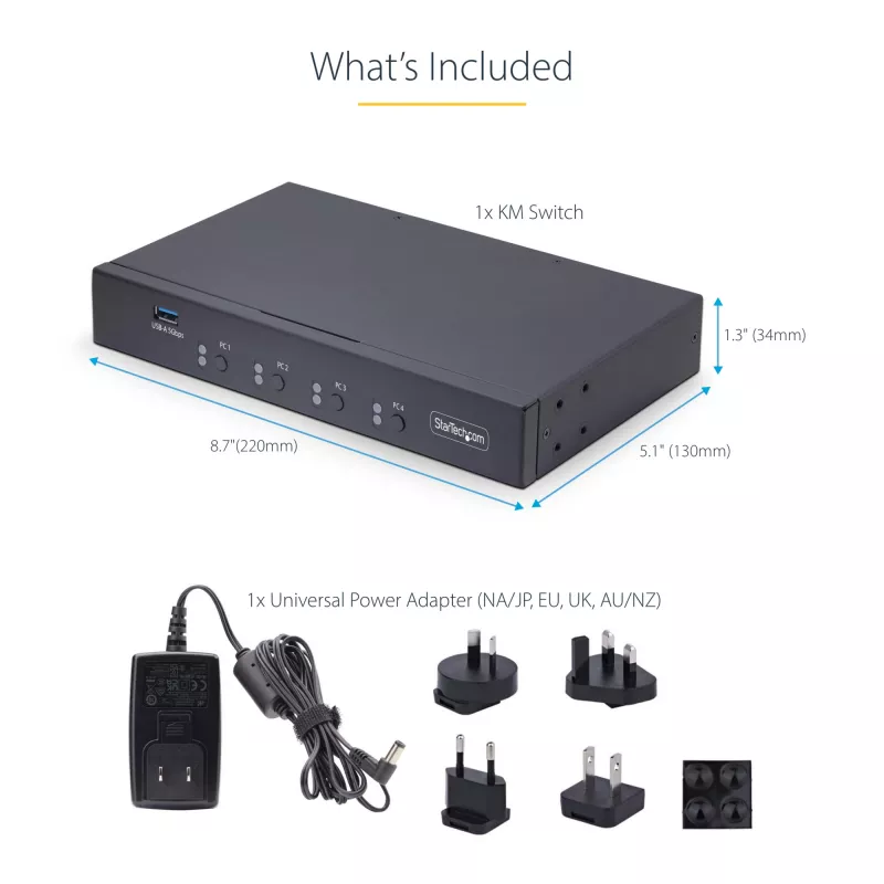 Switch KM de 4 portas StarTech.com com comutação por rato, switch USB para teclado/rato, áudio de 3,5mm/USB, partilha de periféricos para 4 computadores, compatível com TAA