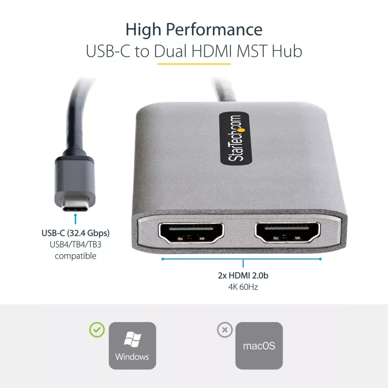 Hub MST USB-C para HDMI duplo StarTech.com - HDMI duplo 4K 60Hz - Adaptador USB Type-C multi-monitor para portátil com cabo de 30cm - Hub Multi-Stream Transport DP 1.4 - Splitter USB-C para HDMI