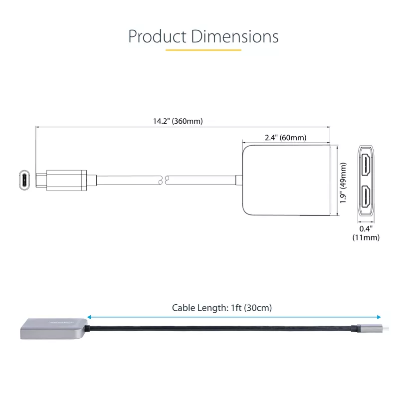 Hub MST USB-C para HDMI duplo StarTech.com - HDMI duplo 4K 60Hz - Adaptador USB Type-C multi-monitor para portátil com cabo de 30cm - Hub Multi-Stream Transport DP 1.4 - Splitter USB-C para HDMI