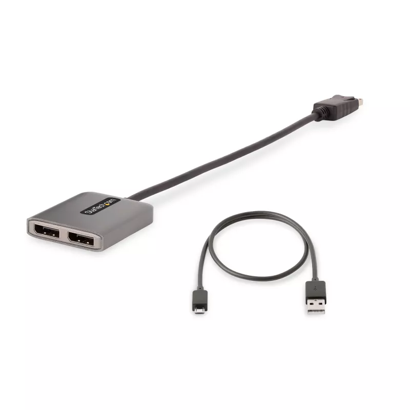 StarTech.com Hub MST DisplayPort de 2 portas, Dual 4K 60Hz, adaptador DP para 2x monitor DisplayPort, adaptador de vídeo multi-monitor DP 1.4, cabo integrado de 30 cm, alimentado por USB, apenas Windows