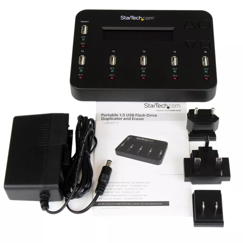 StarTech.com duplicador e apagador de pen USB autónomo 1-para-5, copiador multi-unidade flash USB, cópia de sistema e ficheiros e de unidade completa a 1,5 GB/min, apagamento único e de 3 passagens, visor LCD – TAA