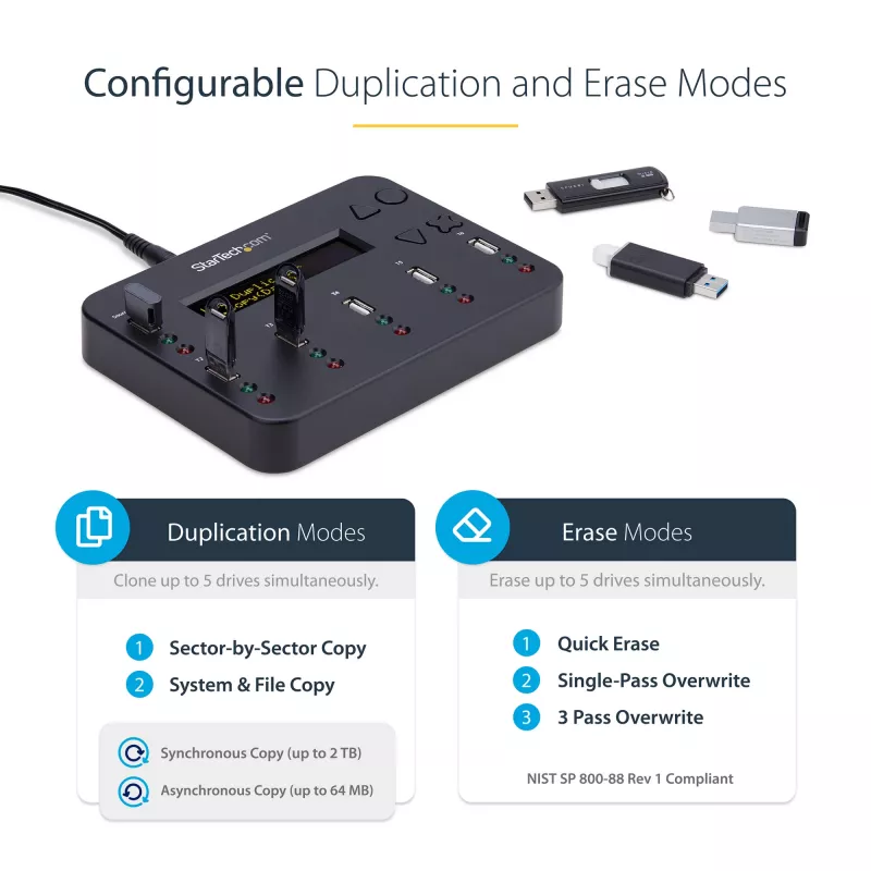 StarTech.com duplicador e apagador de pen USB autónomo 1-para-5, copiador multi-unidade flash USB, cópia de sistema e ficheiros e de unidade completa a 1,5 GB/min, apagamento único e de 3 passagens, visor LCD – TAA