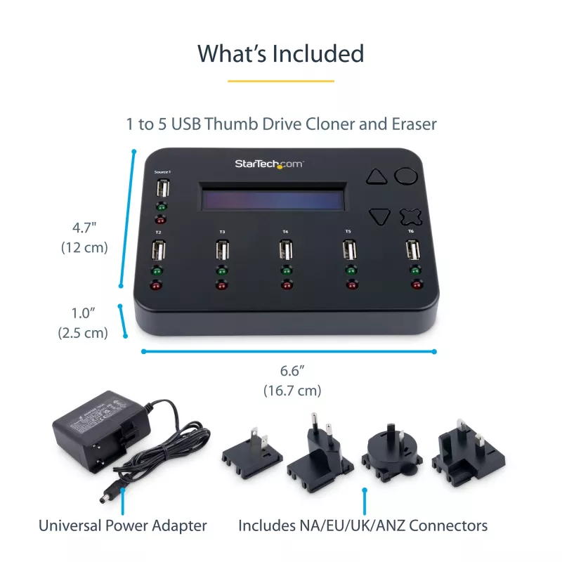 StarTech.com duplicador e apagador de pen USB autónomo 1-para-5, copiador multi-unidade flash USB, cópia de sistema e ficheiros e de unidade completa a 1,5 GB/min, apagamento único e de 3 passagens, visor LCD – TAA