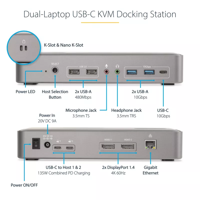 Estação de acoplamento KVM USB-C para dois portáteis StarTech.com, dock DisplayPort dual-monitor 4K 60Hz, hub USB de 5 portas, GbE, Power Delivery 90W/45W para dois portáteis, Windows/Mac, dock KVM de 2 anfitriões - TAA