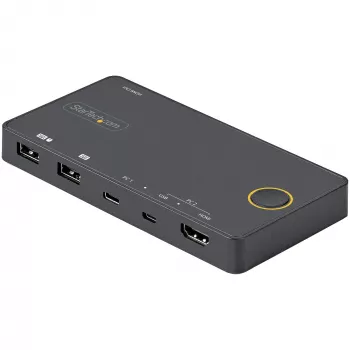 Switch KVM híbrido USB-A + HDMI e USB-C de 2 portas StarTech.com - Monitor HDMI 4K 60Hz único - Switch KVM HDMI compacto para desktop e/ou portátil - Alimentado por barramento USB - Compatível com Thunderbolt 3