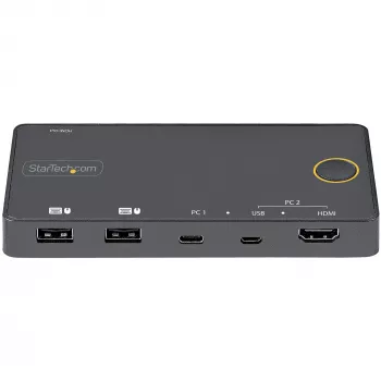 Switch KVM híbrido USB-A + HDMI e USB-C de 2 portas StarTech.com - Monitor HDMI 4K 60Hz único - Switch KVM HDMI compacto para desktop e/ou portátil - Alimentado por barramento USB - Compatível com Thunderbolt 3