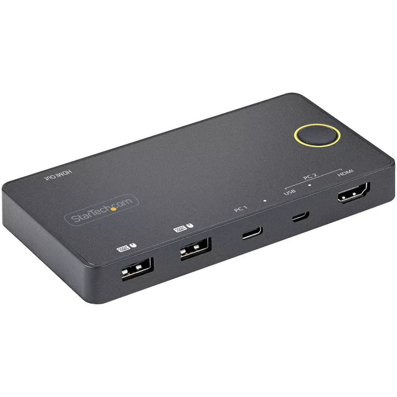Switch KVM híbrido USB-A + HDMI e USB-C de 2 portas StarTech.com - Monitor HDMI 4K 60Hz único - Switch KVM HDMI compacto para desktop e/ou portátil - Alimentado por barramento USB - Compatível com Thunderbolt 3