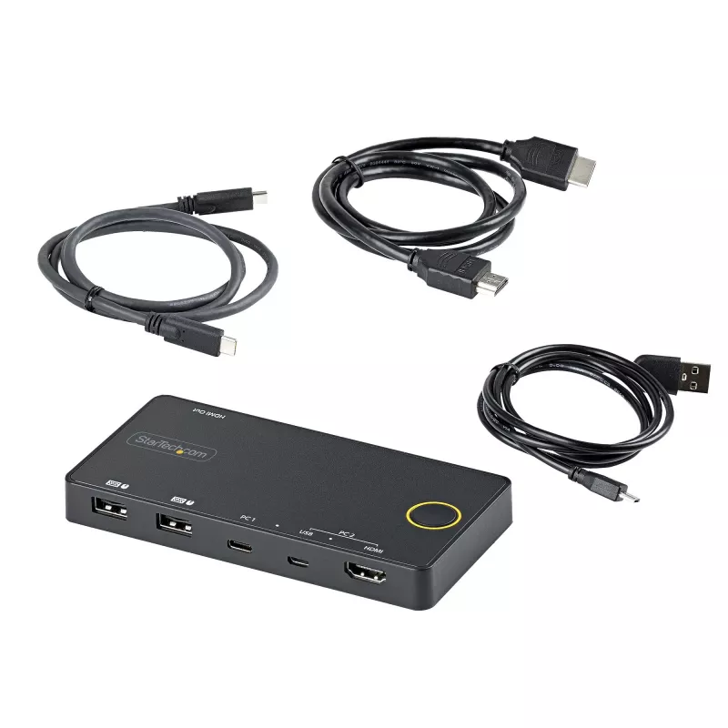 Switch KVM híbrido USB-A + HDMI e USB-C de 2 portas StarTech.com - Monitor HDMI 4K 60Hz único - Switch KVM HDMI compacto para desktop e/ou portátil - Alimentado por barramento USB - Compatível com Thunderbolt 3