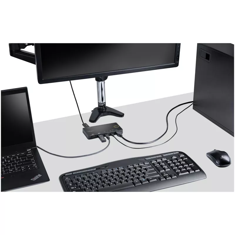 Switch KVM híbrido USB-A + HDMI e USB-C de 2 portas StarTech.com - Monitor HDMI 4K 60Hz único - Switch KVM HDMI compacto para desktop e/ou portátil - Alimentado por barramento USB - Compatível com Thunderbolt 3