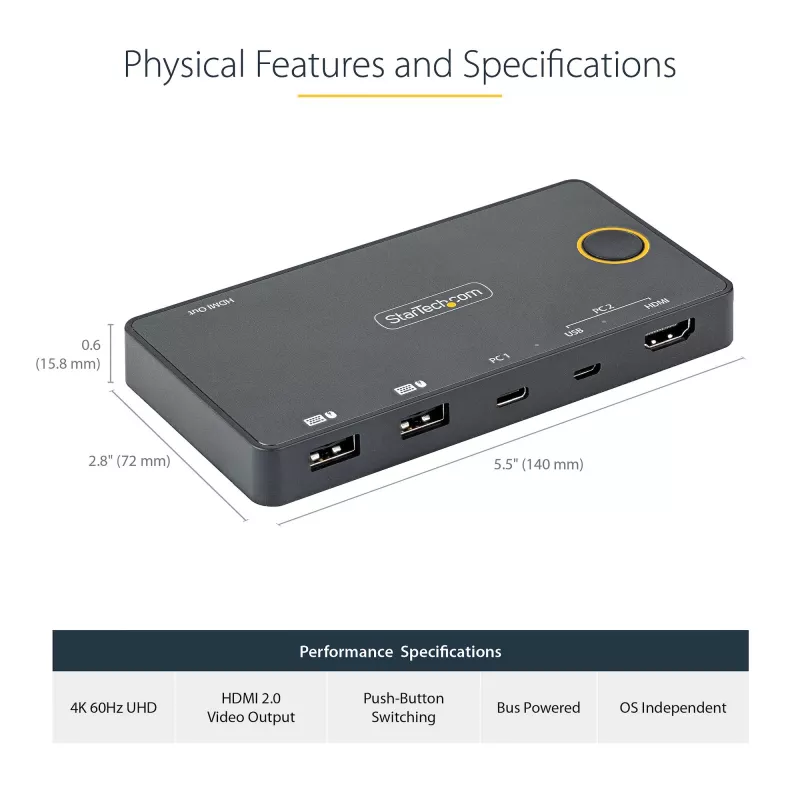 Switch KVM híbrido USB-A + HDMI e USB-C de 2 portas StarTech.com - Monitor HDMI 4K 60Hz único - Switch KVM HDMI compacto para desktop e/ou portátil - Alimentado por barramento USB - Compatível com Thunderbolt 3