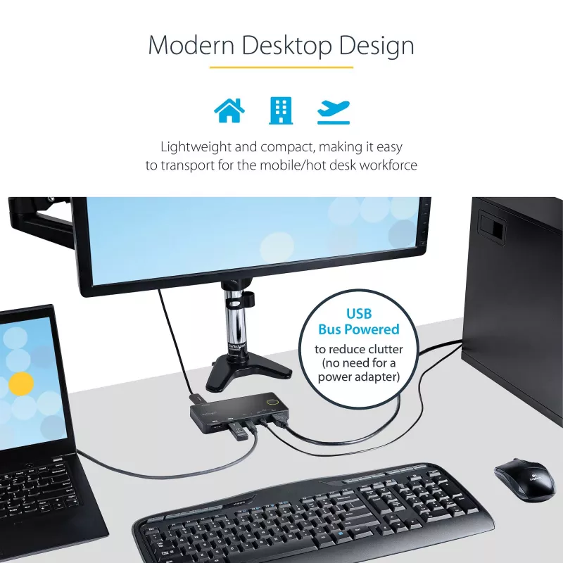 Switch KVM híbrido USB-A + HDMI e USB-C de 2 portas StarTech.com - Monitor HDMI 4K 60Hz único - Switch KVM HDMI compacto para desktop e/ou portátil - Alimentado por barramento USB - Compatível com Thunderbolt 3