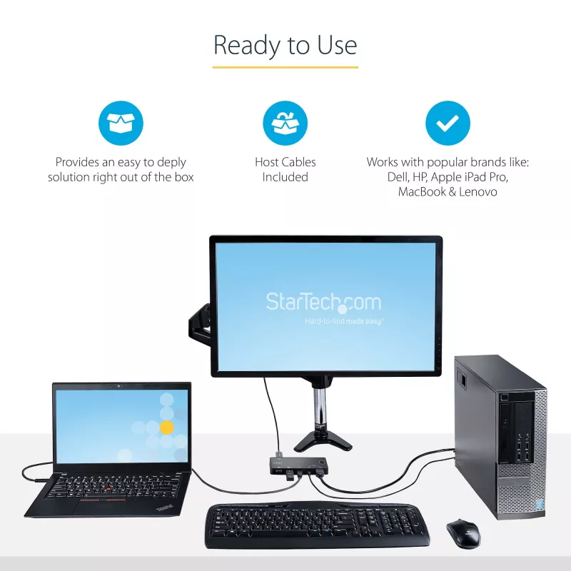 Switch KVM híbrido USB-A + HDMI e USB-C de 2 portas StarTech.com - Monitor HDMI 4K 60Hz único - Switch KVM HDMI compacto para desktop e/ou portátil - Alimentado por barramento USB - Compatível com Thunderbolt 3
