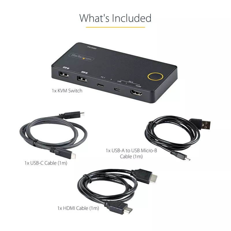 Switch KVM híbrido USB-A + HDMI e USB-C de 2 portas StarTech.com - Monitor HDMI 4K 60Hz único - Switch KVM HDMI compacto para desktop e/ou portátil - Alimentado por barramento USB - Compatível com Thunderbolt 3