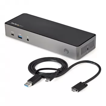 Dock USB-C e USB-A StarTech.com - Estação de acoplamento universal híbrida para portátil com três monitores DisplayPort e HDMI 4K 60Hz - Power Delivery 85W, hub USB 6x, GbE, áudio - USB 3.1 Gen 2 10Gbps - TAA