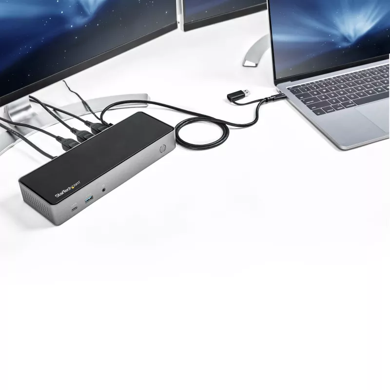 Dock USB-C e USB-A StarTech.com - Estação de acoplamento universal híbrida para portátil com três monitores DisplayPort e HDMI 4K 60Hz - Power Delivery 85W, hub USB 6x, GbE, áudio - USB 3.1 Gen 2 10Gbps - TAA