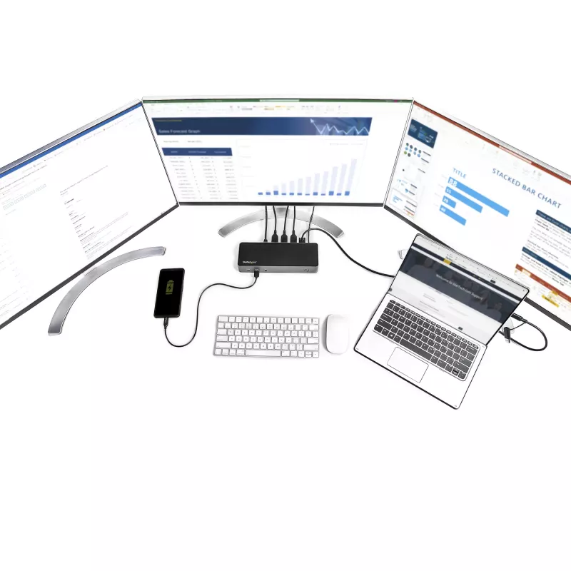 Dock USB-C e USB-A StarTech.com - Estação de acoplamento universal híbrida para portátil com três monitores DisplayPort e HDMI 4K 60Hz - Power Delivery 85W, hub USB 6x, GbE, áudio - USB 3.1 Gen 2 10Gbps - TAA
