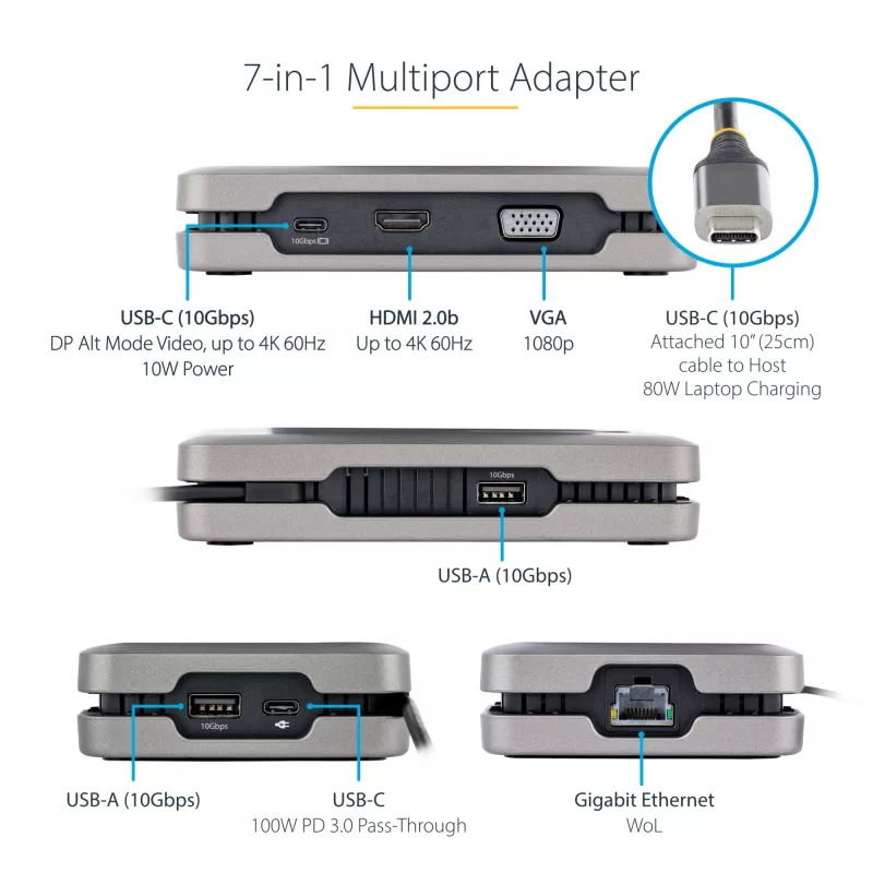 StarTech.com DKM31C3HVCPD adaptador multiportas USB-C / estação de ancoragem para dois monitores, 4K HDMI 2.0, VGA, vídeo USB-C DP Alt Mode, 100 W PD Pass-Through, 2x USB-A 10 Gbps, GbE, MST, cinzento
