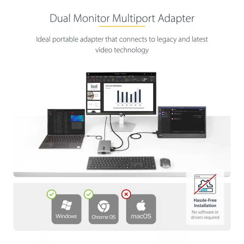 StarTech.com DKM31C3HVCPD adaptador multiportas USB-C / estação de ancoragem para dois monitores, 4K HDMI 2.0, VGA, vídeo USB-C DP Alt Mode, 100 W PD Pass-Through, 2x USB-A 10 Gbps, GbE, MST, cinzento