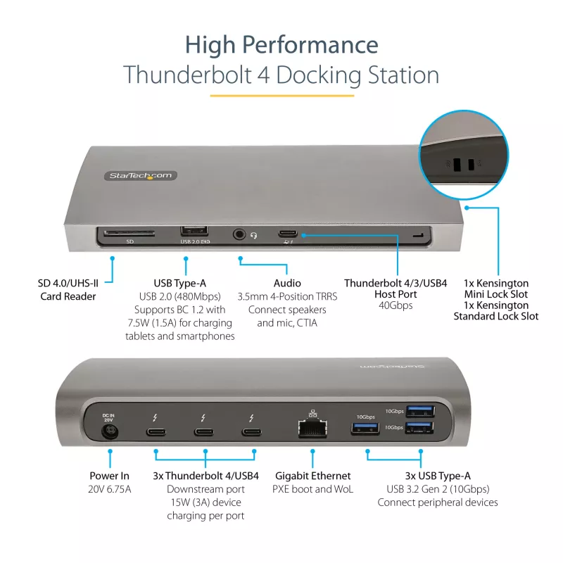 Dock Thunderbolt 4 StarTech.com, Power Delivery 96W, Single 8K/Dual Monitor 4K 60Hz, 3xTB4/USB4 portas, 4xUSB-A, SD, GbE, estação de acoplamento Thunderbolt 4 para Windows ou TB3 MacBook, cabo de 0,8m