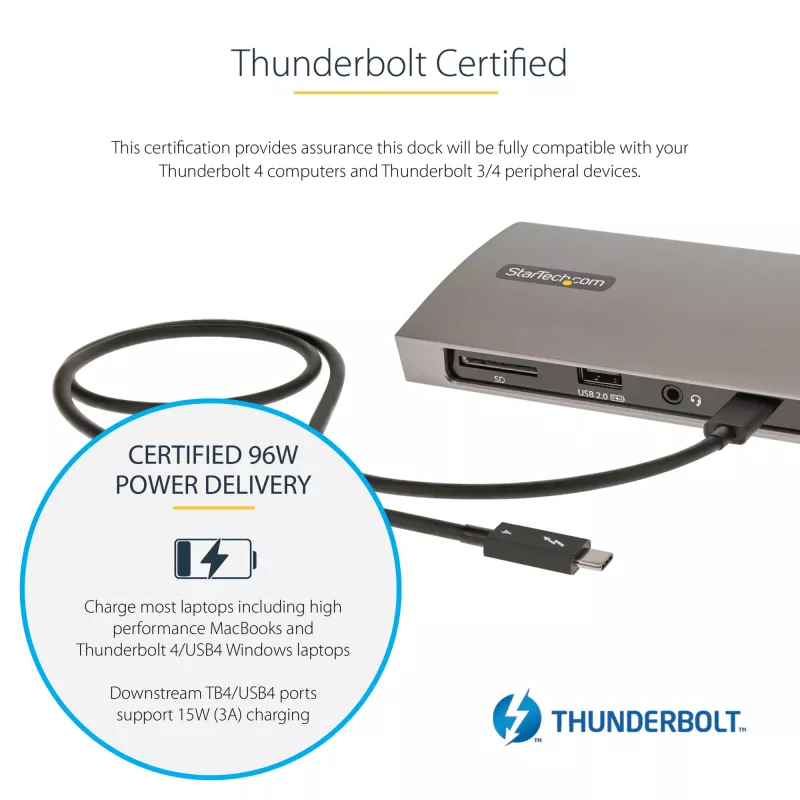 Dock Thunderbolt 4 StarTech.com, Power Delivery 96W, Single 8K/Dual Monitor 4K 60Hz, 3xTB4/USB4 portas, 4xUSB-A, SD, GbE, estação de acoplamento Thunderbolt 4 para Windows ou TB3 MacBook, cabo de 0,8m